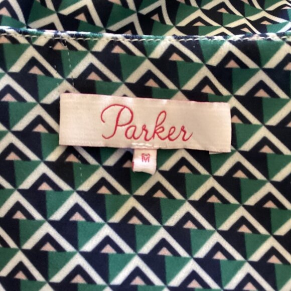 Parker Geometric Print VNeck Ruffle Sleeve Dress Medium Mini Dress Stretch Waist - Picture 2 of 9